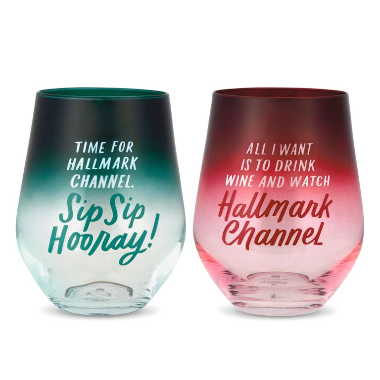 Hallmark Channel Stemless Wine Glasses, Set Of 2 3 Hallmark Channel Stemless Wine Glasses, Set Of 2